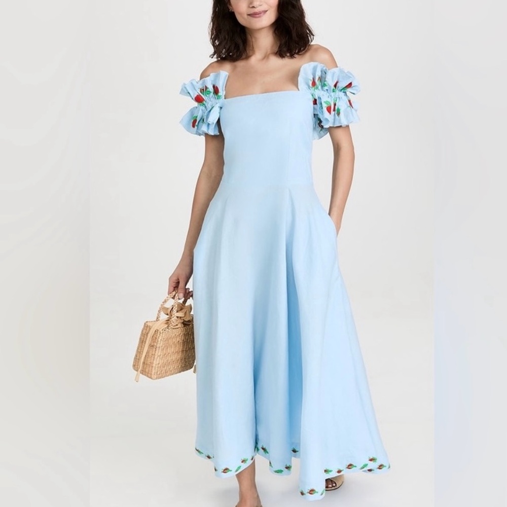 Fanm Mon Light Blue Midi Dress with Floral Details